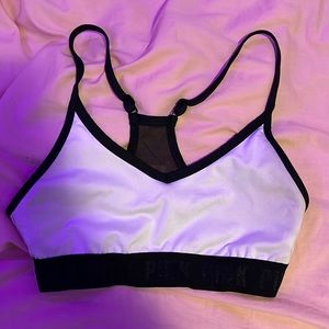 pink VS black and white sports bra